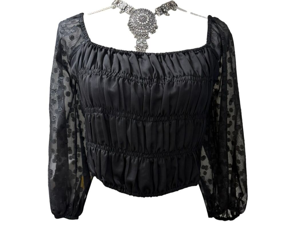Lulus Black Sheer Sleeve Ruched Top Small